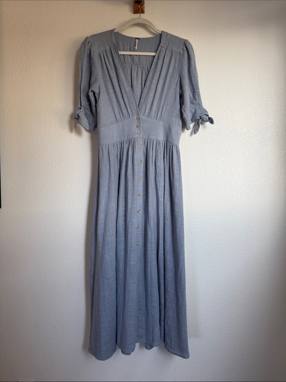 Free People Love of My Life Cotton Button Front Midi Dress Blue cottagecore